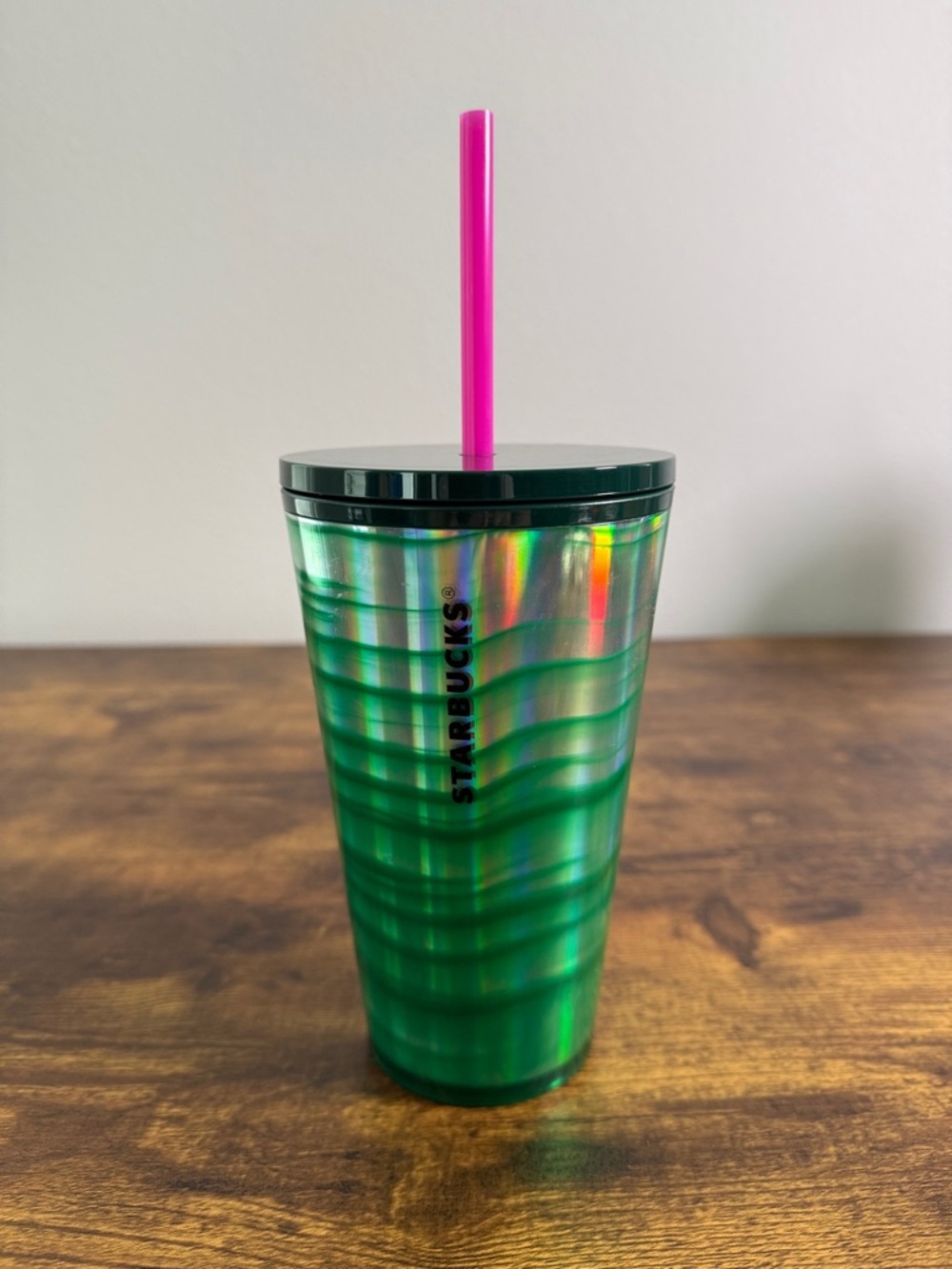 NWT Starbucks Iridescent Green Tumbler with Pink Straw and Black Lid, 14 Oz